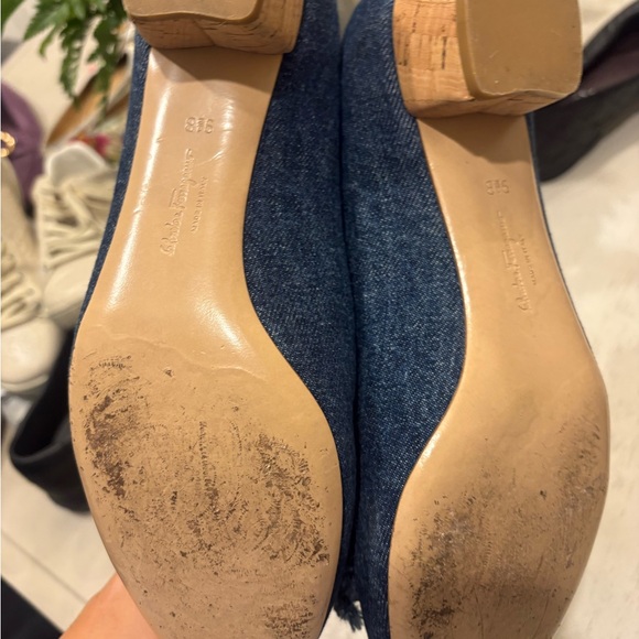 Salvatore Ferragamo Denim Heels with Gold Accents - Picture 2 of 4